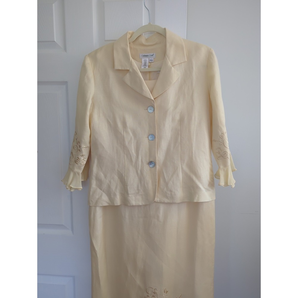Coldwater Creek Butter Yellow Linen Blend Embroidered Dress & Jacket Set Sz 12P